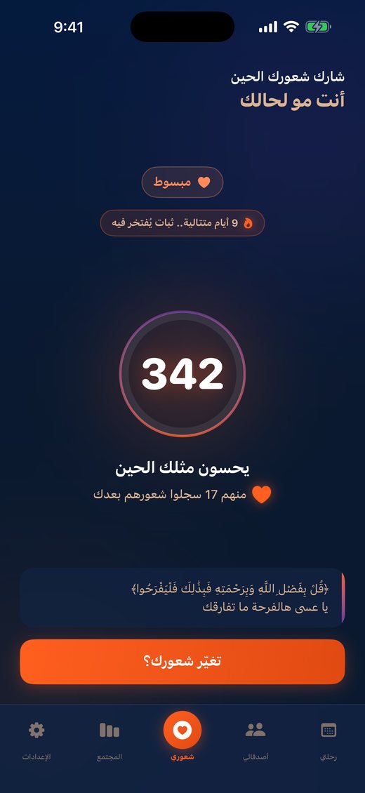 الشاشة الرئيسية لتطبيق أنا بعد — ٣٤٢ شخصاً يحسّون مثلك الحين