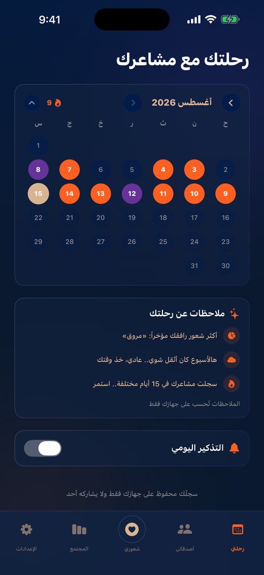 رحلتي — تقويم شهري ملوّن بمشاعر كل يوم مع ملاحظات وأنماط